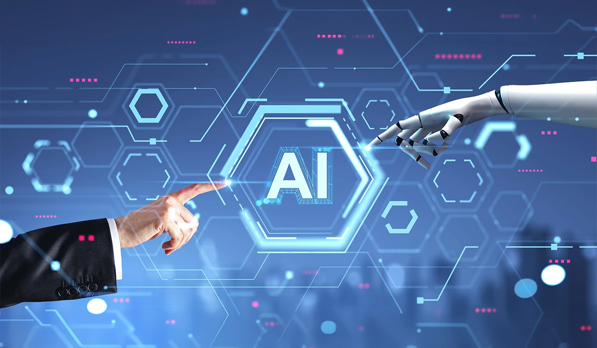 Human hand and robotic hand touching AI interface representing Voice Data Collection Companies in UAE