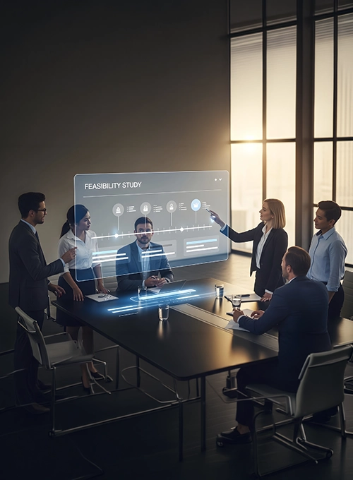 Feasibility Study A professional corporate team sits around a modern dark conference table, interacting with a glowing futuristic holographic screen displaying a feasibility study UAE data projection timeline.