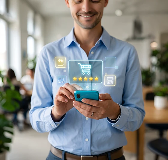 Man using a smartphone for digital mystery shopping with a 5-star rating and shopping cart graphic overlay