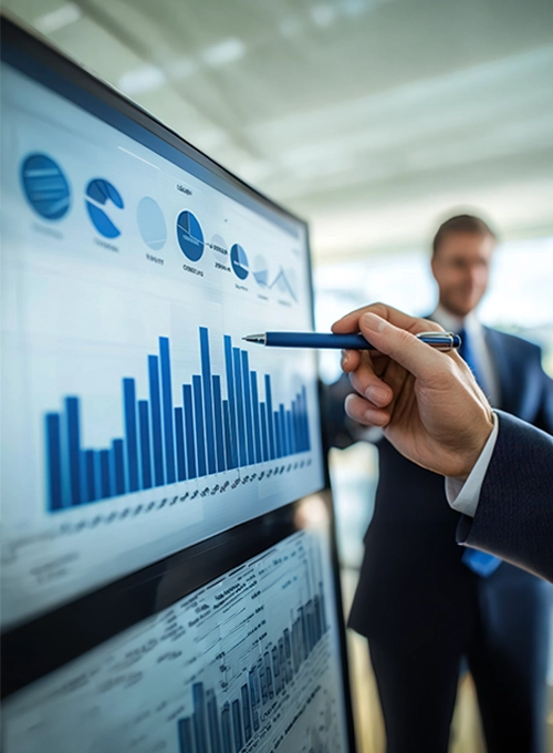 Feasibility Study Close-up of a corporate consultant pointing a pen at a digital screen displaying blue growth charts and pie diagrams, indicating data outcomes for a strategic feasibility study UAE.