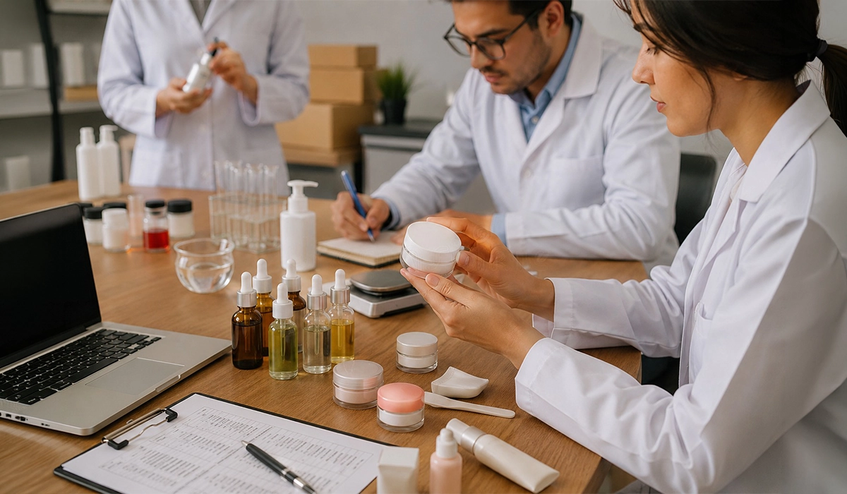 How Product Testing Helps Businesses Launch Successful Products in UAE Product testing experts evaluating cosmetic products in a laboratory to ensure quality, safety, and regulatory compliance.