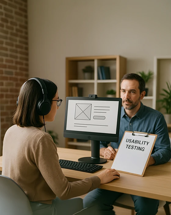 User participating in a website interface evaluation during Usability Testing Services in UAE
