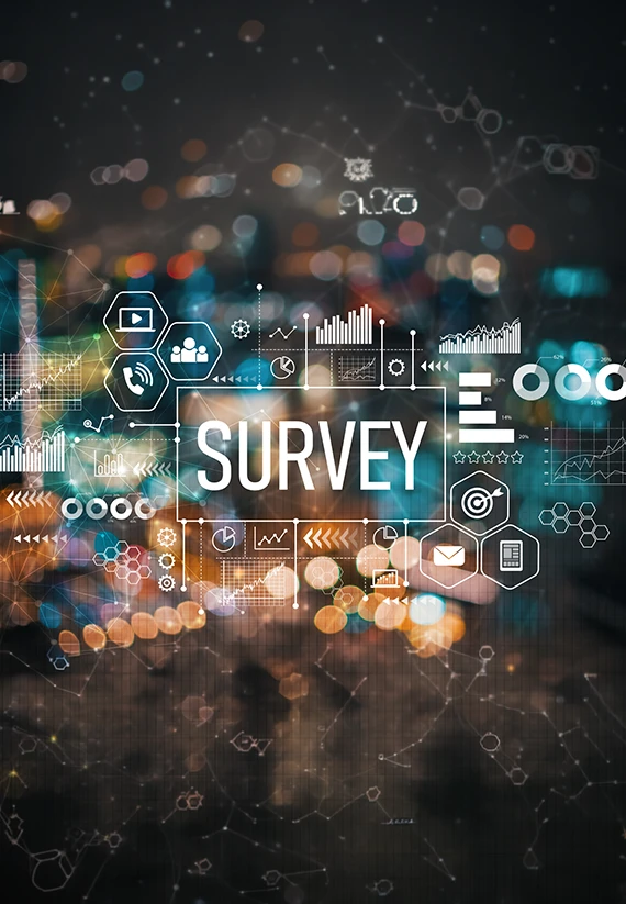A digital graphic overlay reading 'SURVEY' surrounded by charts, graphs, and data icons against a blurred night city lights background, representing market research and survey services in the UAE.