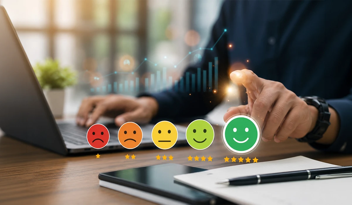 Net promoter survey interface showing customer feedback ratings with business analytics on a modern office desk.